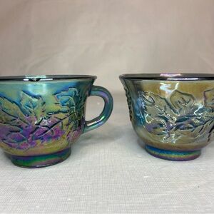 2 Vintage Iridescent Blue Indiana Carnival Glass Grape Harvest Punch Cups